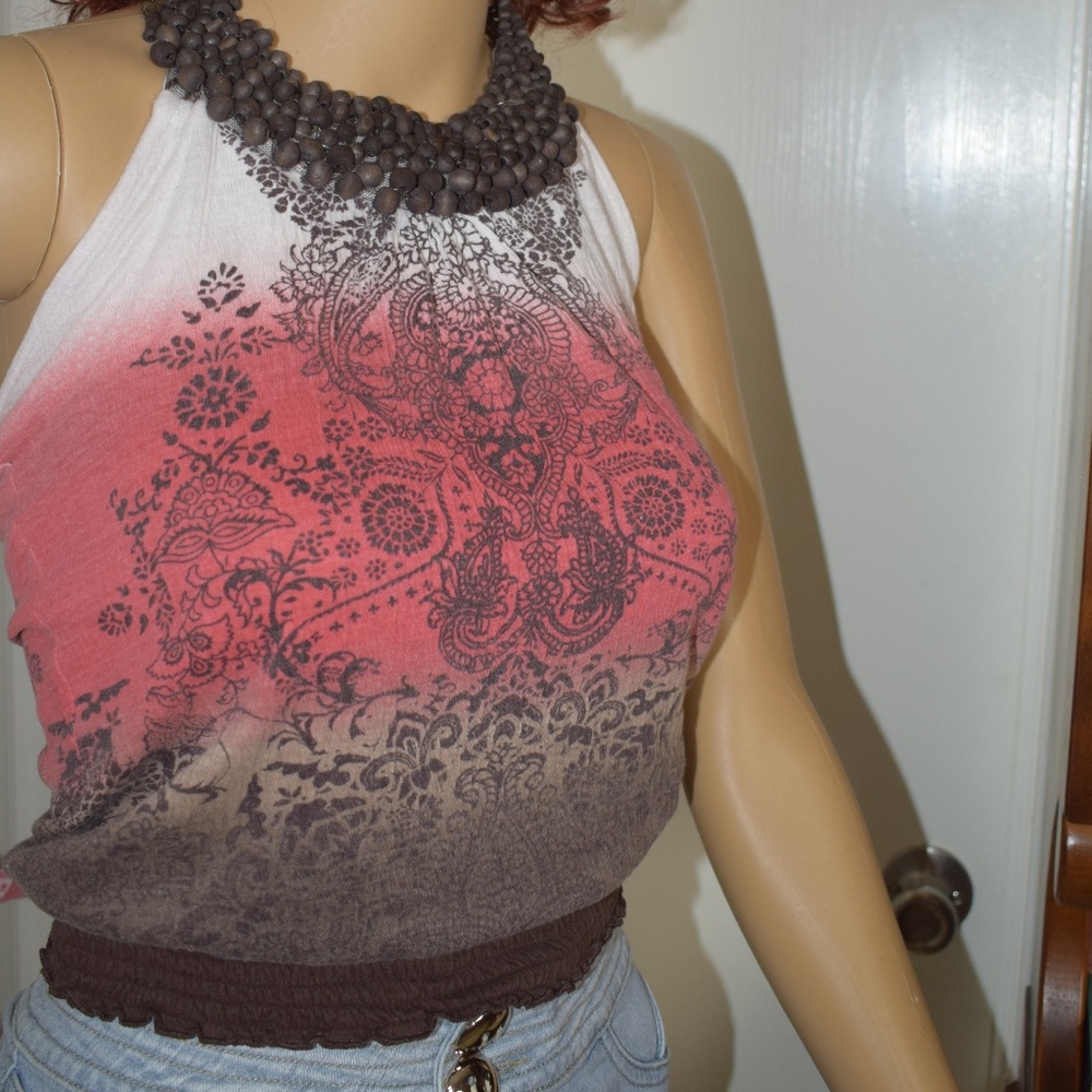 Sexy top with wood beads, ties at neck.